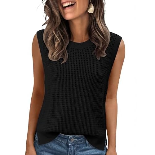Totatuit Crochet Tank Tops for Women Summer Casual Crewneck Hollow Out Loose Sleeveless Eyelet Knit Sweater Vest Black Medium