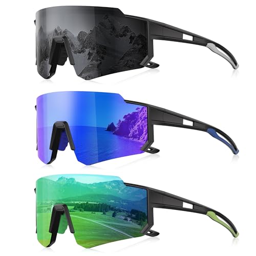 3 Pack Polarized Sunglasses for Men Women, Sports Mens Sunglasses with UV Protection for Baseball Cycling Running A05-gray/Dark Blue/Green