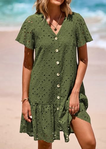 Image of KIRUNDO Eyelet Dresses for Women Button Down Mini Babydoll | 2026 Summer Short Sleeve Boho Sundress, Loose Fit V Neck Short Dress With Pockets, A Line, Cruise Beach Vacation Outfits