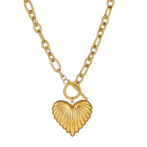18K Gold Plated Heart Pendant Necklace Chunky Paperclip Choker Necklace for Women