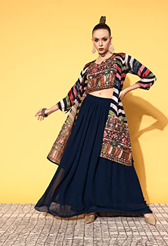 Image of LYMI LABEL Lehenga Choli For Women - Georgette Mirror work Banjara Floral Embroidered Thread Woek Choli, Plain Lehenga With Shrug Fully Stitched