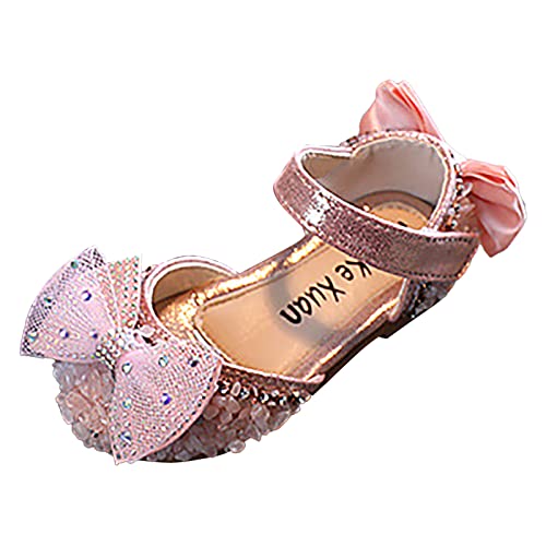 Girls White Dress Shoes Fashion Spring and Summer Girls Sandals Dress Performance Dance Shoes Mesh Pearl Rhinestone Bow (Pink-b, 9.5 Toddler)