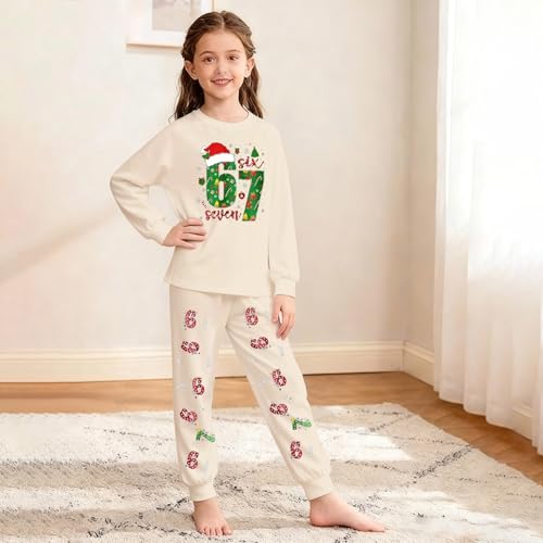 6-7 Beige Outfits 67 Kid Christmas Sets 6 7 Meme Funny 𝙋𝙖𝙟𝙖𝙢As 2 Piece Six Seven Winter Long Sleeve Top And Pants Set For Kids 2-14 Y
