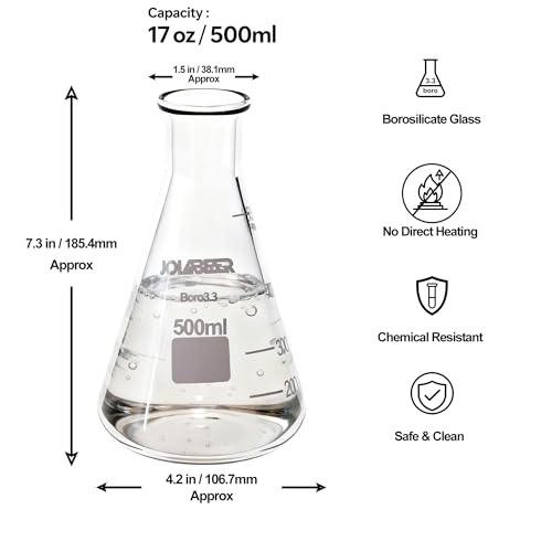 JOLABEAR 8-Pack 500ml Erlenmeyer Flasks – Lab-Grade 3.3 Borosilicate Glass Conical Beaker, Narrow Mouth Laboratory Chemistry Flask for Science, Brewing, School, Yeast Starter – EPE Foam Pack