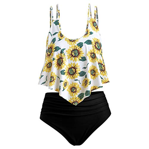 Preisvergleich Produktbild Damen Badeanzug Zweiteilige Schulterfrei Raffung Hänger Blumen Druck Ohne Bügel Träger Bikinioberteil Top und High Waist Tailliert Elastisch Badeshorts Strand Bikini Set Tankini Bademode für Frauen