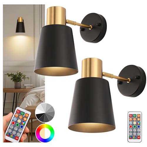 Image of DORESshop Battery Operated Wall Sconces Set of Two, Dimmable & Adjustable Black Gold Wall Lights, Rechargeable Wall Sconce with Remote, Not Hardwired LED Wall Lamps for Bedroom Living Room