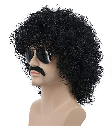 Image of karlery Mens Short Curly Black Mustache Beard Afro Wig California Rocker Disco Halloween Cosplay Anime Costume Party Wig (Black)