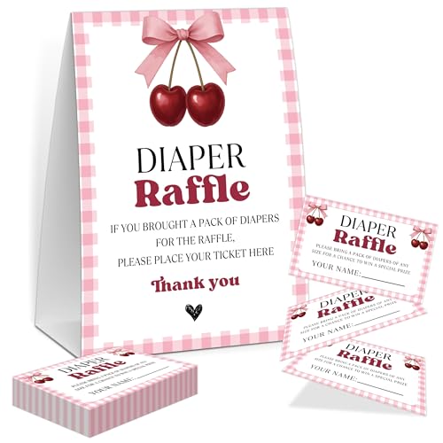 Cherry Baby Shower Diaper Raffle, Baby Shower Game, Include One 5×7 Sign and 50 Diaper Raffle Tickets, Cherry Gender Reveal Party Decoration Supplies - FG21