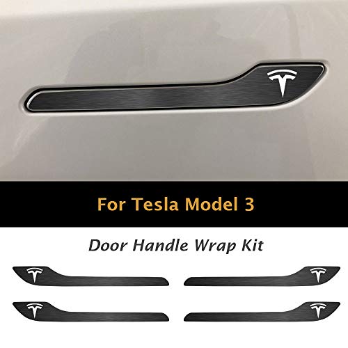Image of IPG Compatible for Model 3 / Model Y /Juniper Door Handle Decal Sticker Wrap Kit (Set of 4) with Tesla Logo Personalize Your Tesla (Midnight Silver Brushed Aluminum)