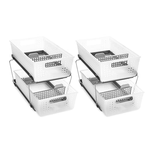 madesmart 2 Tier Organizer, Under Cabinet Storage with Pull Out Sliding Drawers, for Cleaning Supplies, Pantry, Undersink, Sponges, Bottles & Bath, Pull Out Baskets, Frost 2 PACK by madesmart - Used condition - US$31.14