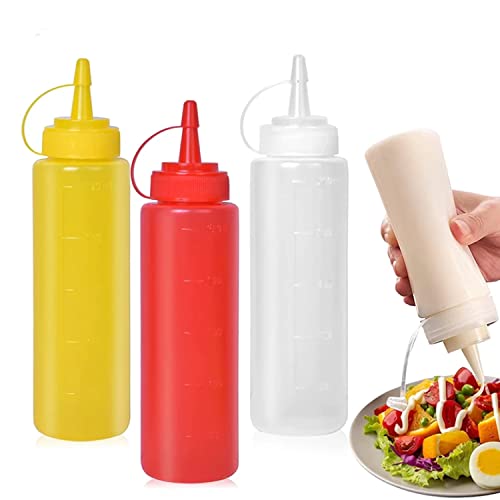 CONDRA FIELD Condiment Sauces Squeeze Bottles - (3Pcs-13.5oz),with Leak-Proof Cap and Scale Line.Plastic Squeeze Squirt Bottles for Ketchup,Mustard,Oil, Salad and More.