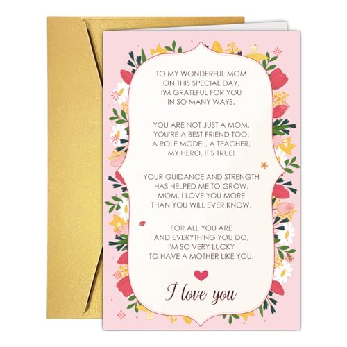 UUEFKTN Mother's Day Card for Mom, Heartfelt Mom Poem Mother's Day Cards Gift from Daughter Son - I Love You Mom Gratitude Card.