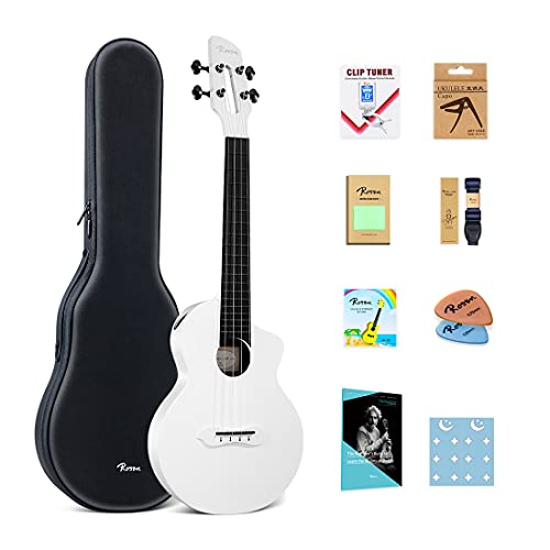 Rosen Nova - Ukelele de concierto de fibra de carbono para adultos y niños principiantes, kit de ukeleles de viaje de 23 pulgadas con correa de estuche y cuerdas de capo (blanco)