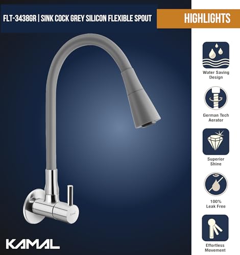 Image of KAMAL Full Brass Sink Tab Cock Flexo Play Grey (Dual Flow Flexible Swivel Spout 360 Degree) Bib Tap Faucet (Wall Mount Installation Type)