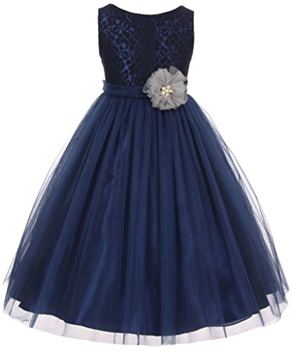 AkiDress Lace Top Tulle Bottom with Pearl Flower T-Length Dress