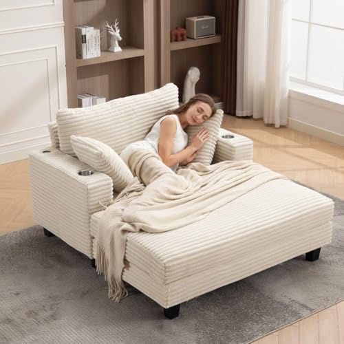 AIKEMING 60'' Oversized Chaise Lounge Chair Indoor, Corduroy Upholstered Lounge Sofa with Wood Frame, Comfy Lounge Chaise with Pillows and Cup Holder, Deep Seat Lounge Chair for Living Room Bedroom
