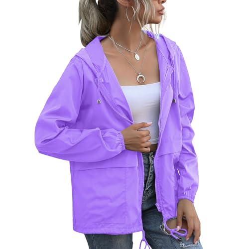 PESION Women's Waterproof Raincoat Lightweight Rain Jacket Hooded Windbreaker with Pocket for Outdoor X-Large Lavender