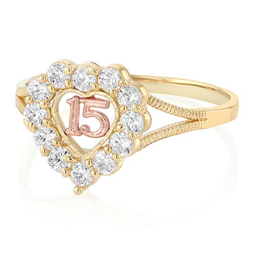Ioka -14K Solid Tri Color Gold Sweet 15 Anos 15 Years Birthday Quinceanera CZ Heart Cut Ring2