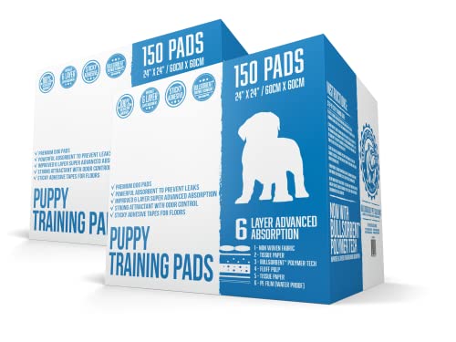 Image of Puppy Pee Pads with Adhesive Sticky Tape (24x24) Large Premium Dog Pads - 6 Layer Dog Training Pads and Pet Wee Pads with Quick-Dry Bullsorbent Tech (300-Count, White)