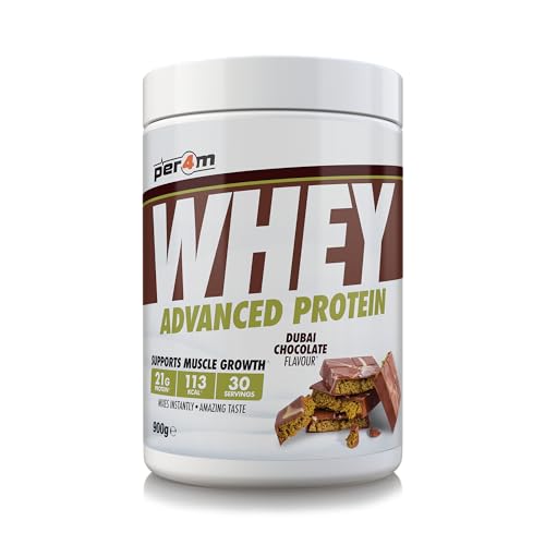 Per4m Whey Protein Powder | High Protein Shake for Muscle Growth & Recovery | Low Sugar Gym Supplement | Sports Nutrition Drink + Amino Acids (900g, Dubai Chocolate)