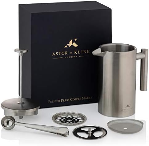 Astor & Kline Cafetiere Coffee Press Stainless Steel Double Wall Insulated French Press Coffee Maker | Matt Finish | Includes Measuring Scoop, Extra Filters