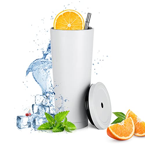 Gobelet en acier inoxydable avec paille et couvercle, 500 ml, tasse isotherme à double paroi, garde les boissons chaudes et froides pendant des heures, le camping (blanc, 500 ml) Cover