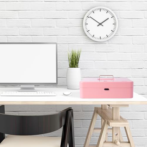 Cash Box with Money Tray and TOP Key & Push-Button Lock, Money Saving Lock Box, Safe Locking Box for Cash Register XL 11.8\"x9.45\"x3.54\" Pink - Thumbnail 2