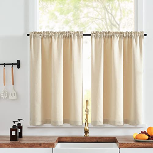 jinchan Faux Linen Kitchen Curtains 36 Inch Length Farmhouse Tier Curtains Privacy Cafe Light Reducing Short Window Drapes for Bathroom Laundry Room Rod Pocket 2 Panels White 34"W x 36"L (Pa