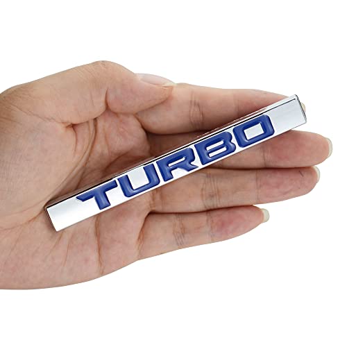 Image of 2PC Aluminum Stick ON Polish Text Turbo Decal Emblem Trim Badge Logo 3D Metal Turbo Premium CAR Side Fender Rear Trunk Emblem Badge (Silver Blue)