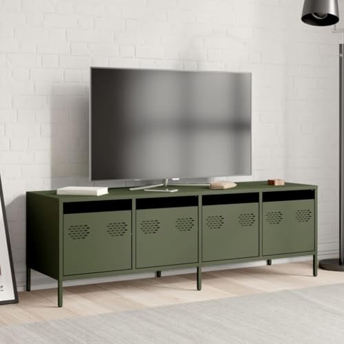Vorpalize Mueble para TV de acero laminado en frío, color verde oliva, 135 x 39 x 43,5 cm, resistente con 4 cajones, patas ajustables, para salón, dormitorio
