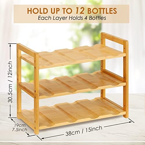 12 Compartment Freestanding Bamboo Water Bottle Holder3-Tier Sturdy Water Bottle OrganizerPractical Wood Wine Shelf Solid Hardwood Bottle Rack Storage Shelf for Kitchen Countertop Pantry Organizing