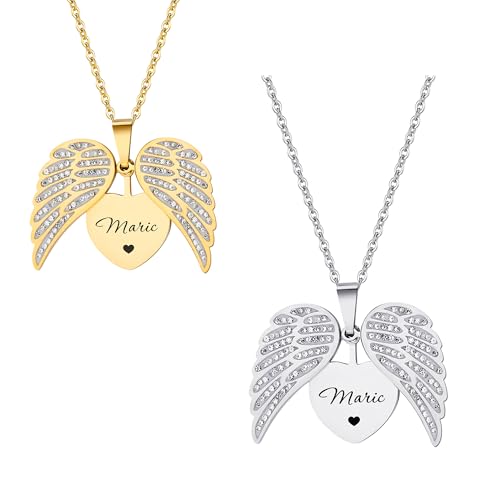 Personalized Angel Wings Necklace, Engraved Name Necklace Guardian Angel Wing Pendant Jewellery Mother's Day Gift for Mom Women