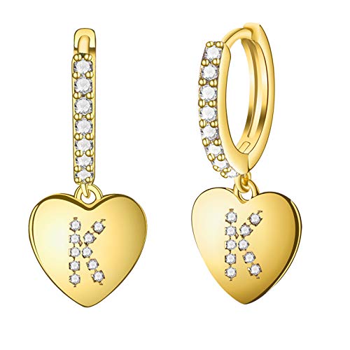 Wgoud 14K Gold Plated Letter Huggie Earrings for Women Girls | Personalized Cubic Zirconia Heart Charm A - Z Initial Alphabet Dangle Earring (K)
