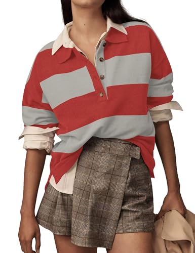 Image of Womens Striped Sweater Rugby Polo Shirts Y2k Collar Pullover Tops