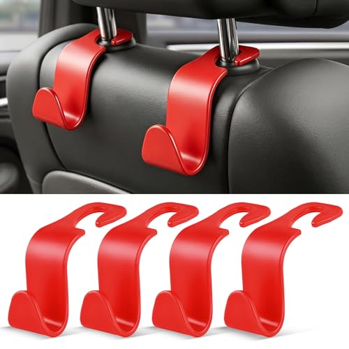 Image of SINGARO 4 Pack Car Seat Headrest Hooks, Vehicle Back Seat Hanger Storage Organizer for Purse Handbag Backpack Coat Grocery, 360 Rotating Heavy Duty Holds 44lbs, Red