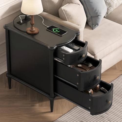 Image of JOINICE Narrow End Table with Drawers for Living Room, Vintage Black | Slim Nightstand with Storage for Bedroom, Skinny Bed Side Table with Charging Station for Small Spaces, Wood-Grain Texture