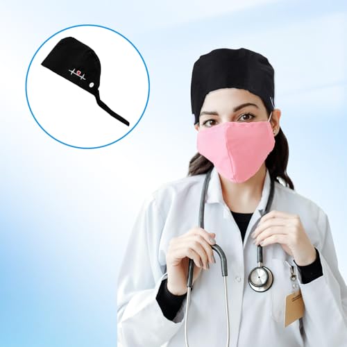 Image of Scrub Caps Women, Adjustable Working Caps with Button & Sweatband, Nurse Caps for Women, Bouffant Cap with Buttons for Women Men, 1Pcs Black