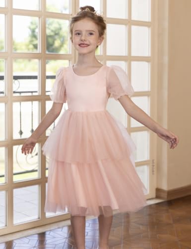 Girls Puff Short Sleeves Satin Tulle Flower Girl Dresses for Wedding Party Crewneck Layers Pageant Birthday Midi Dress3