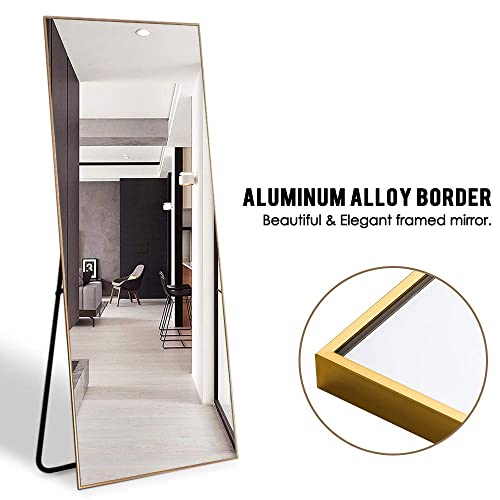 Image of NeuType Full Length Rectangular Aluminium Floor Mirror with Standing Holder Bedroom /Locker Room Standing /Hanging Mirror Dressing Wall-Mounted Mirror (Golden)
