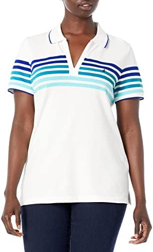 Nautica Damen Klassisches Poloshirt aus Stretch-Baumwolle mit V-Ausschnitt und Streifen Polohemd, Helles Kobaltblau, X-Klein