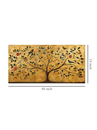 Image of 999STORE Golden Tree of Life Canvas Painting - 24x48 Inches Framed Art, Elegant Symbolic Wall Decor (FLP24480717)