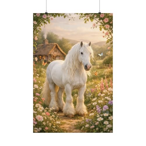Pure White Clydesdale Cottagecore Wall Art, Dreamy Horse Meadow Print, Rustic Farmhouse Decor, Floral Countryside Aesthetic
