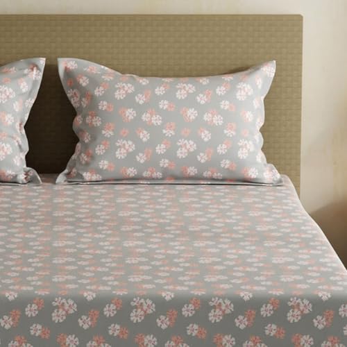Image of Layers 100% Cotton Bedsheet for Double Size Bed | Lumina Floret Collection | 144 TC Soft & Breathable | Floral Print with 2 Pillow Covers | Wrinkle Free & Colorfast | 3 Piece Bedding Set - Grey