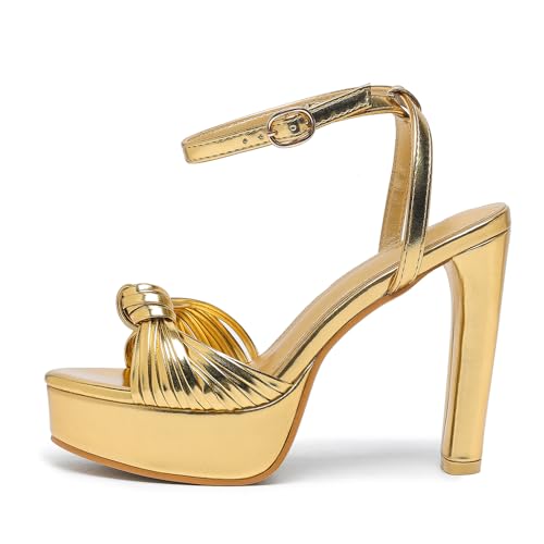 AMOJI Women's Block Platform Heels 4 Inch Ankle Strap Heels Lady Braid Knot Chunky Heeled Sandals 322 Gold Size 5.5 women