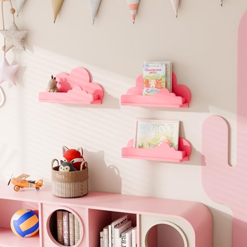 Lot de 3 étagères murales nuage en bois rose pour une chambre de bébé