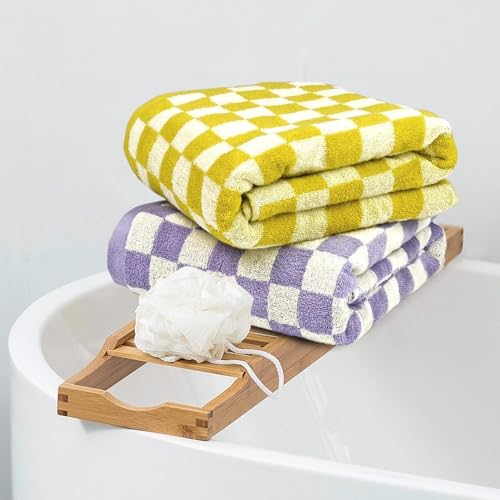 Jacquotha Checkered Bath Towel Set In Yellow And Lilac, Soft Colorful Bath Towels For Bathroom Spa, Large Shower Towels 2 Pack 55 Inch X 27.5", Thin Quick Drying Towels For Beach Pool thumb #1