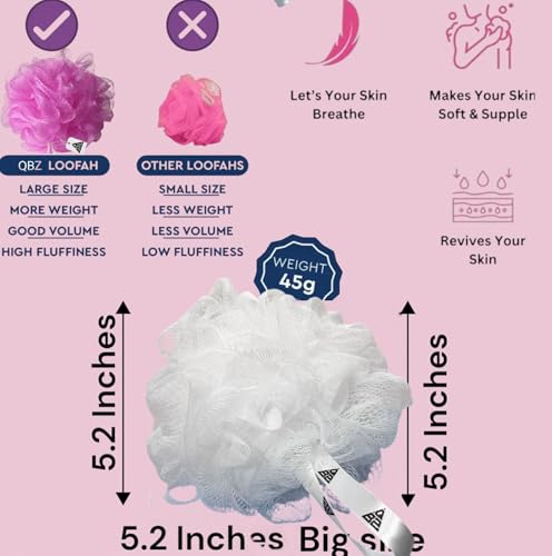 Image of QBZ Large Bath Loofah Sponge Scrubber Exfoliator for High Lather Cleansing (WHITE, 1 Count (Loofah Pauch& Loofah))