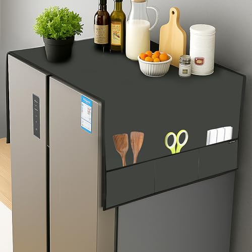 Image of Premium Fridge Cover Top for Double Door Refrigerator - Washable, Water-Resistant Polyester Refrigerator Cover Top with 6 Side Pockets for Kitchen Accessories, Dustproof (Dark Grey)