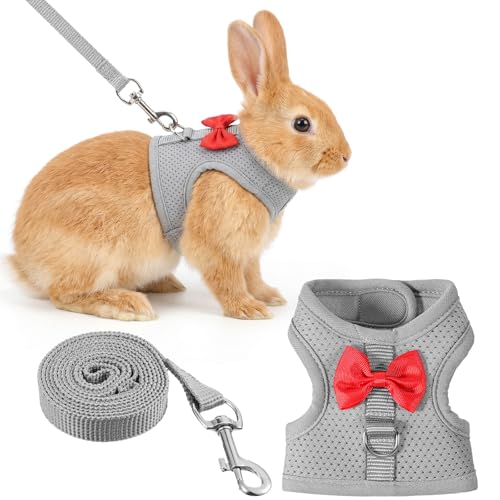 Bunny Leash and Harness Set Rabbit Harness Vest Bunny Harnesses Adjustable Straps Design Soft Mesh Harnesses for Puppies Kitten Guinea Pigs Grey S