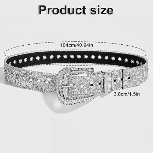 Western Cowboy Style Rhinestone Belts for Women, Western Cowgirl Sparkly Silver Leather Sequin Belts Luxury Bling Diamond Crystal Studded Belt for Jeans Pants Dress(40.94×1.50 Inches)2